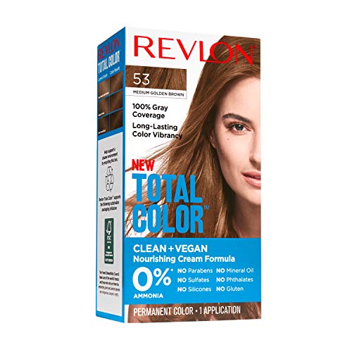 Revlon Total Color Permanent Hair Color, Clean and Vegan, 100% Gray Coverage Hair Dye, 53 Medium Golden Brown, 3.5 oz